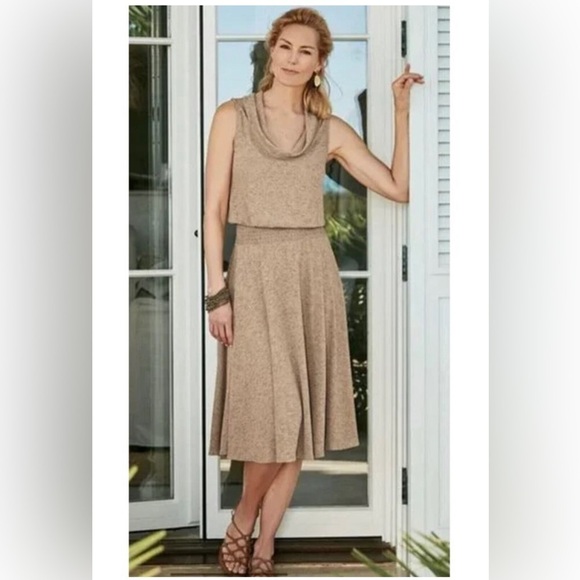 SOFT SURROUNDINGS Kerry Cowl Neck Sleeveless Knit Dress Tan Size Medium - Picture 1 of 16